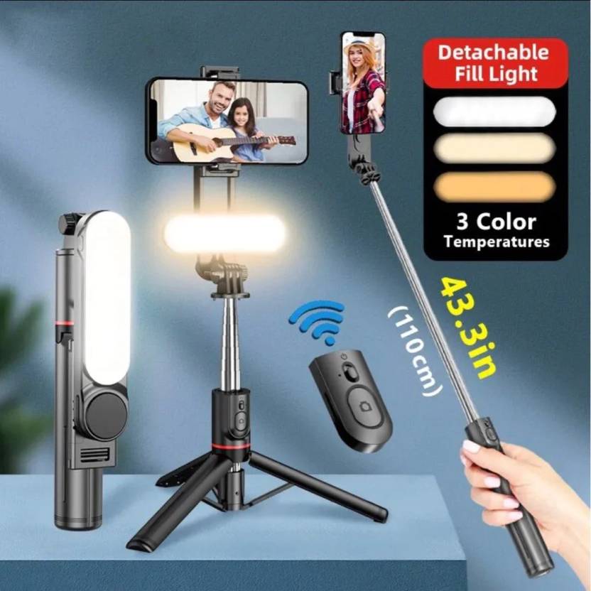 L15 Selfie Stick With Mini Tripod with Fill Light with Wireless Bluetooth Remote Shutter Bluetooth Selfie Stick (Black, Remote Included)