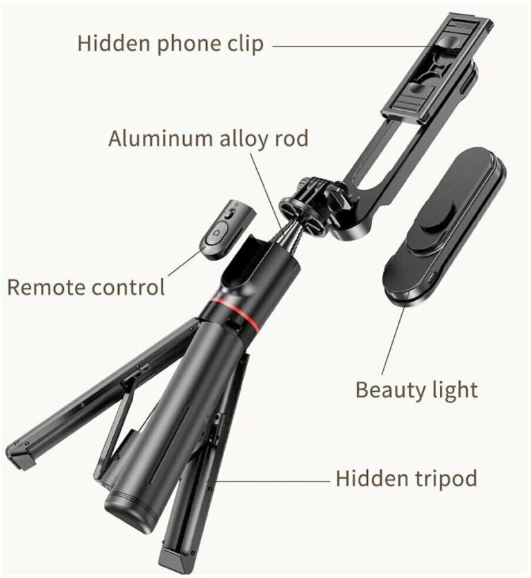 L15 Selfie Stick With Mini Tripod with Fill Light with Wireless Bluetooth Remote Shutter Bluetooth Selfie Stick (Black, Remote Included)