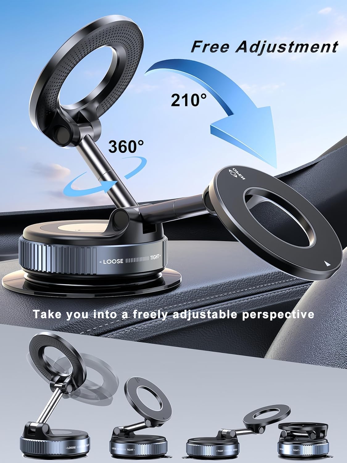 360° Magnetic Vacuum Car Phone Holder – Strong Grip, Hands-Free Mount (Black)