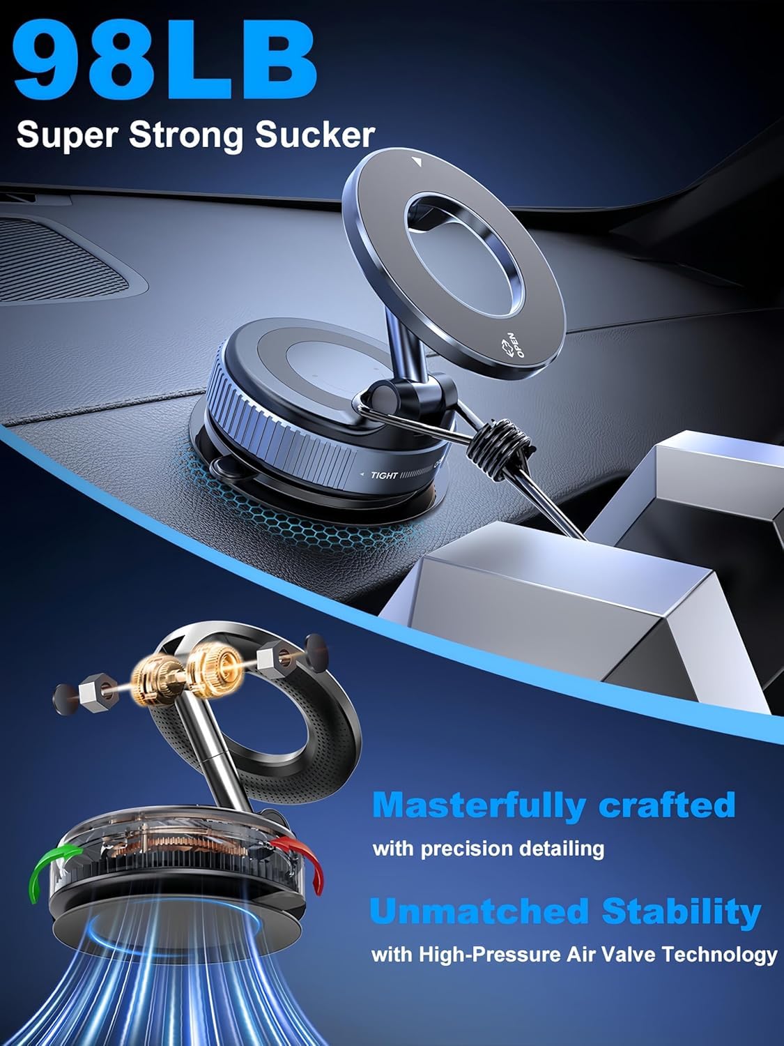 360° Magnetic Vacuum Car Phone Holder – Strong Grip, Hands-Free Mount (Black)