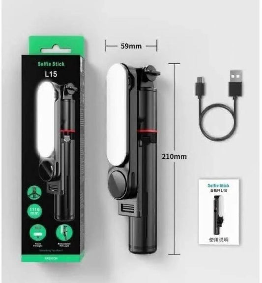 L15 Selfie Stick With Mini Tripod with Fill Light with Wireless Bluetooth Remote Shutter Bluetooth Selfie Stick  (Black, Remote Included)